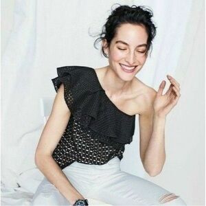 J.Crew Black Cotton Eyelet Lace Ruffled‎ One-Shoulder Top A23